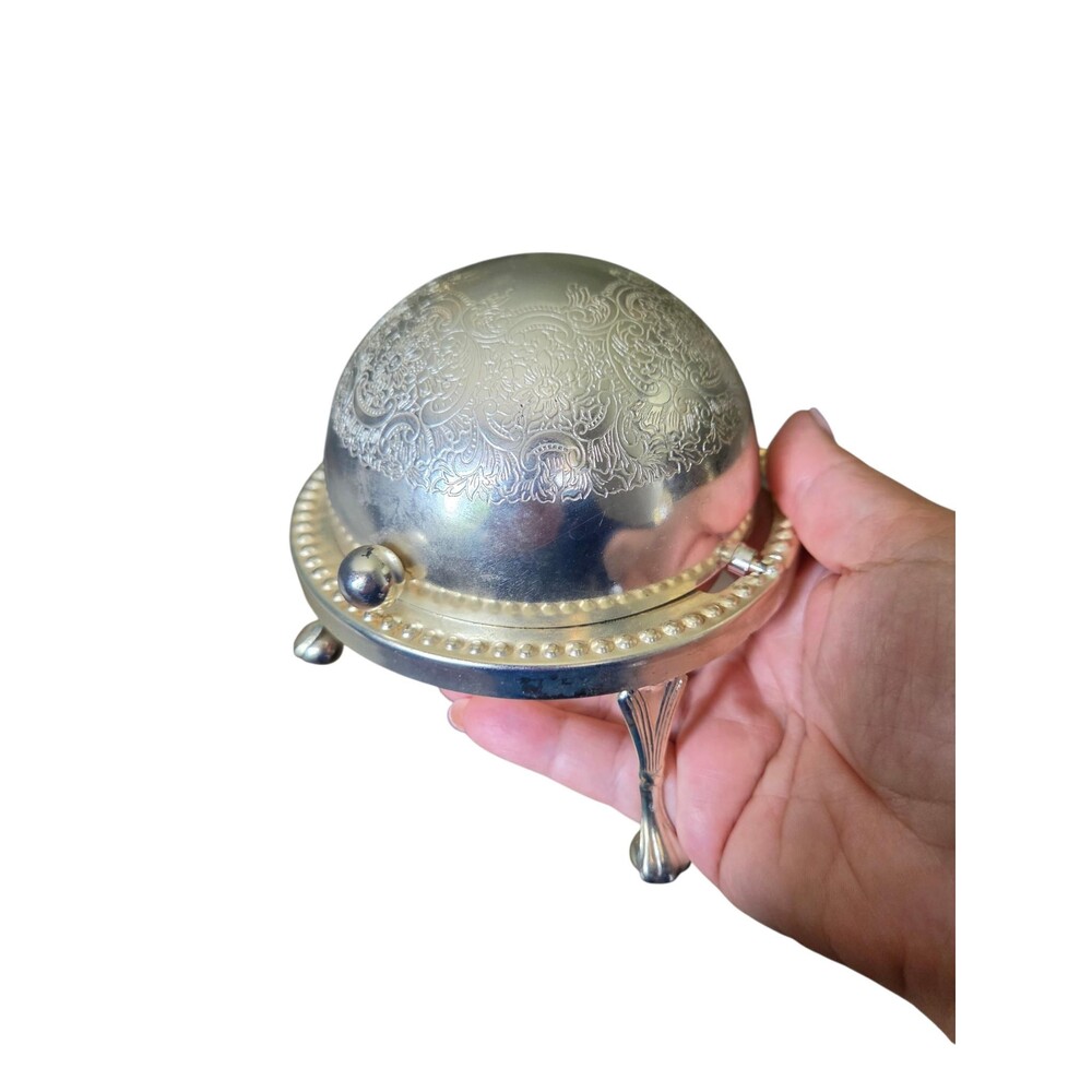 Vintage English Silver Plated Roll Top Butter Dish Caviar Revolving Dome 5" - Picture 3 of 10